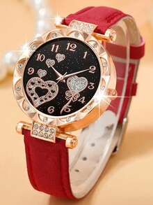 7 piezas Conjunto de accesorios románticos y cálidos para mujer (Incluye caja de reloj de oro rosa con esfera negra, reloj de cuarzo con números árabes con corazones y correa roja, pulsera con corazones de rhinestone, collar con corazón de rhinestone, anillo de rhinestone, aretes de botón de rhinestone, cartera con lazo rojo) - Rojo - Ver 2