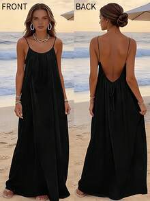 Womens Summer Casual Sleeveless Backless Cami Sundress 2026 Vacation House Dress - 黑色 - 查看 1
