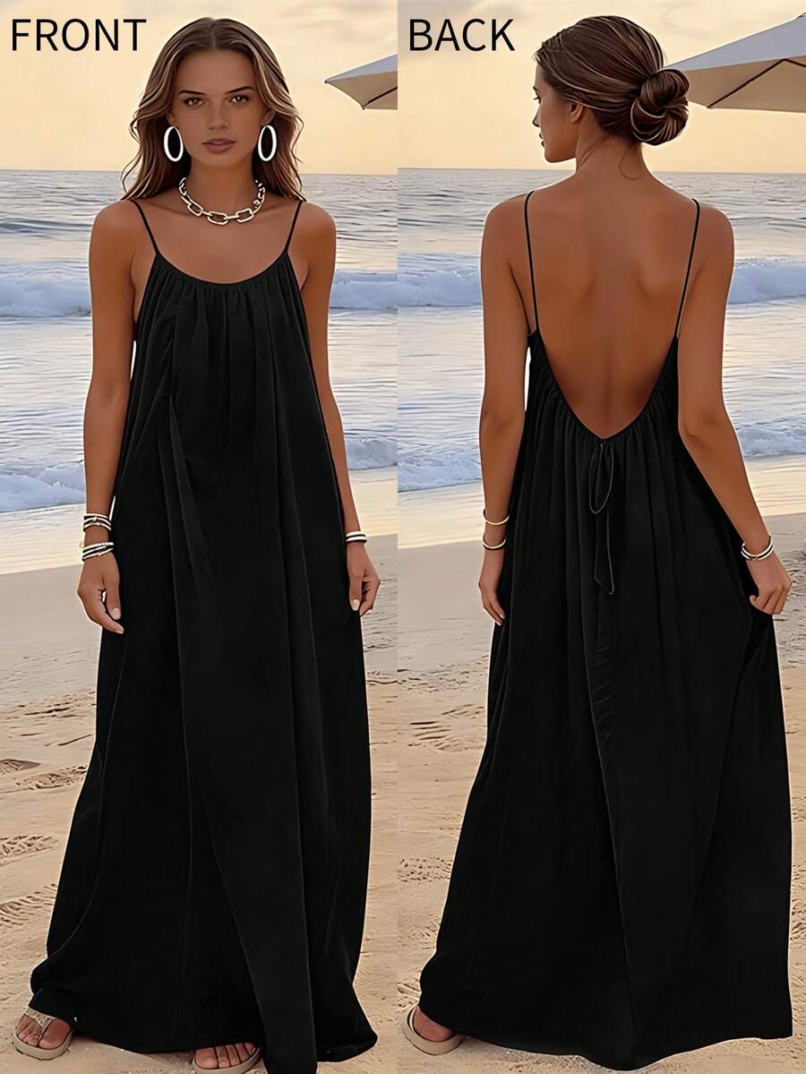 Womens Summer Casual Sleeveless Backless Cami Sundress 2026 Vacation House Dress - 黑色 - 查看 1