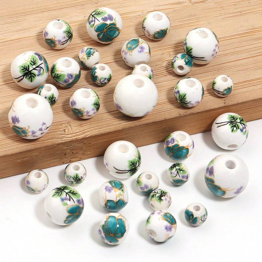 20-30颗复古蓝白瓷珠，金绿色花卉图案陶瓷圆珠，DIY首饰制作材料