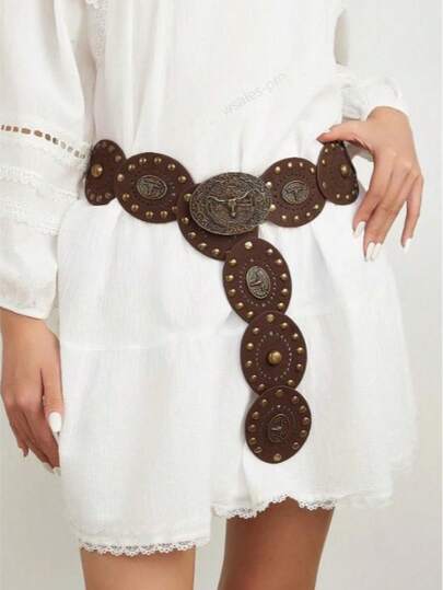 1 pieza Accesorio de cinturón de metal vintage con estilo bohemio, diseño de cabeza de toro retro en parches marrones, adecuado para vestidos, vaqueros, festivales de música y atuendos de uso diario