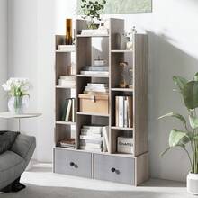 COSTWAY Tree Shaped Bookcase With Drawer, Free Standing Bookshelf With 7 Open Storage Shelves, Tall Display Rack With Bookshelves For Living Room, Bedroom, Home Office, Grey - A - View 8