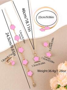 Set de 5 piezas con diseño de trébol de la suerte: collar, aretes, pulsera y anillo - Rosa - Ver 5