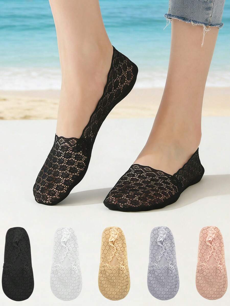 1/5/10 Pairs Women's Summer Thin Breathable Non Stuffy Leg Hollow Lace Invisible Silicone Plum Blossom Pattern Boat Socks
