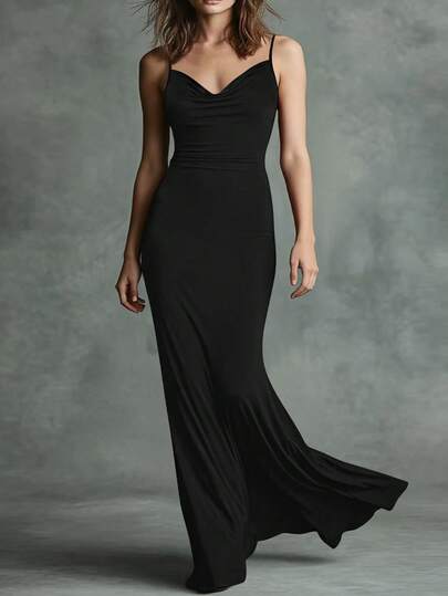 Đầm maxi dáng đuôi cá cổ đổ dây mảnh dành cho nữ cỡ lớn, đầm dạ hội thanh lịch xếp ly eo ôm sát, thích hợp cho các bữa tiệc.