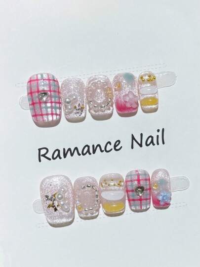 Artistic Press On Nails Winter Oil Painting Style Rhinestone Decorated Cat Eyes Fake Nails For Party Wedding