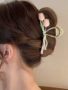 1个优雅郁金香发夹 | 金属鲨鱼夹，大容量，适合日常使用，可爱花朵造型设计 - 彩色 - 查看 10