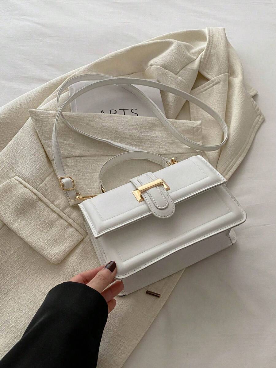 Tas Selempang Persegi Minimalis Warna Solid Bergaya Retro dengan Gesper Logam dan Tas Tangan Mini, Cocok untuk Remaja Putri, Mahasiswa, Profesional Muda, Cocok untuk Kantor, Sekolah, Kerja, Perjalanan, Aktivitas Luar Ruangan, Bepergian, dan Acara Lainnya - Putih - View 1