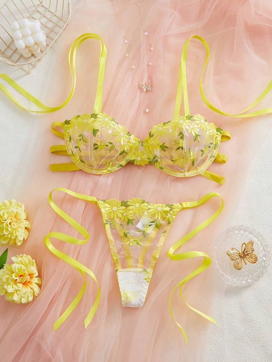 Women'S Sexy Lingerie Set With Double-Color Embroidered Lace Trim, Exotic And Very Sexy Underwear, Adult Novelty Wear, Mature Style, Random Print Pattern, Hollow Details, Lingerie Sets For Women, Lingerie Set With Garter, Exotic Bra, Purple Lingerie Set, Purple Lingerie - 黃色 - 查看 1
