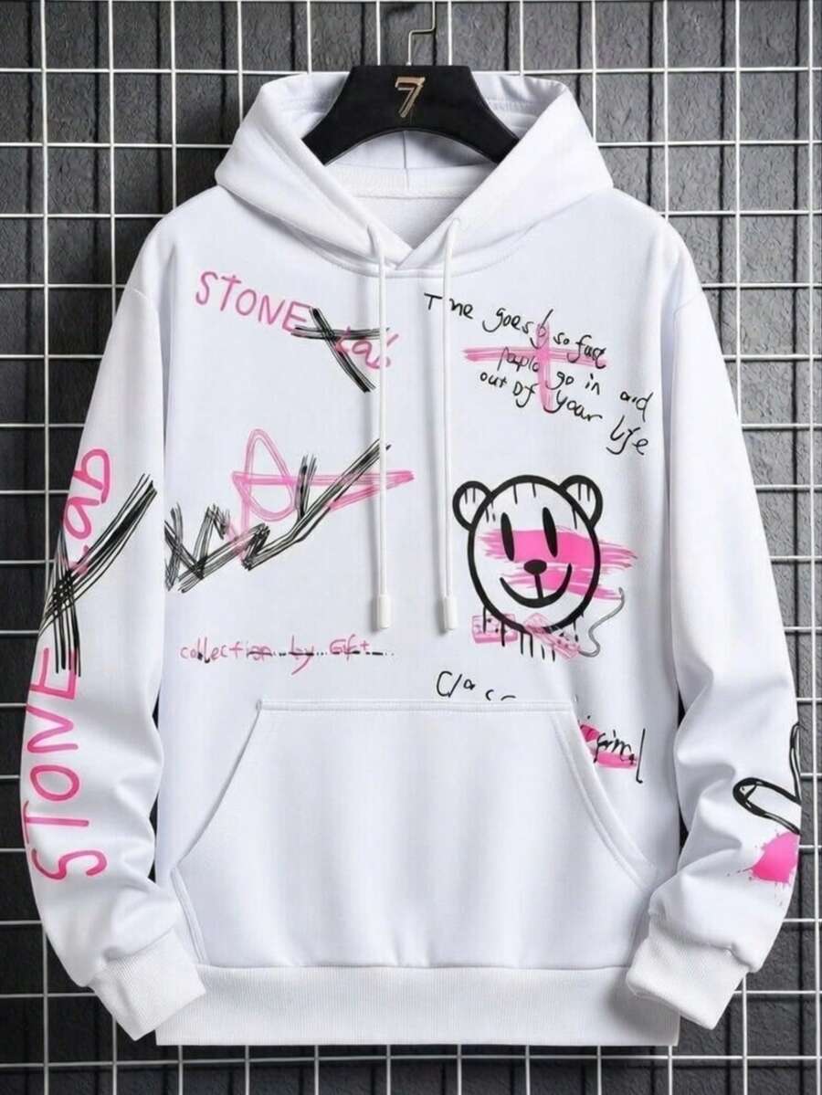 Streetwear Kangaroo Hoodie With Various Prints - 白色 - 查看 1