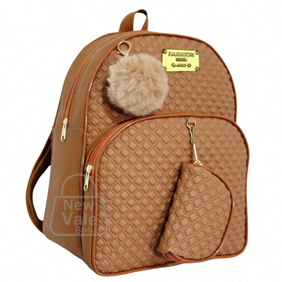 Mochila Feminina Bolsa Mochilinha Reforçada c/ Lindo Porta Moedas Exclusivo + Chaveiro Pompom - Caramelo - Visão 1