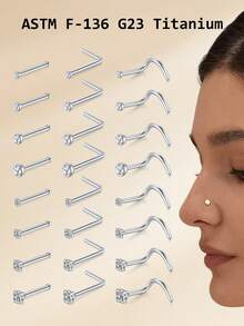 20G Titanium Alloy Nose Rings Nose Studs,G23 L Shape Nose Studs Nose Piercing Jewelry For Women Men, 0.8mm Nose Screw Piercing Silver,Nostril Piercing Jewelry 1.5mm 2mm 2.5mm 3mm CZ - Silver - View 2