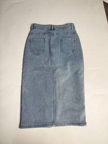 Chân váy midi denim nữ thanh lịch, thoải mái với đường xẻ phía trước và hàng cúc, chất liệu co giãn vừa phải, thiết kế cài cúc. - Màu xanh lam - Xem 6