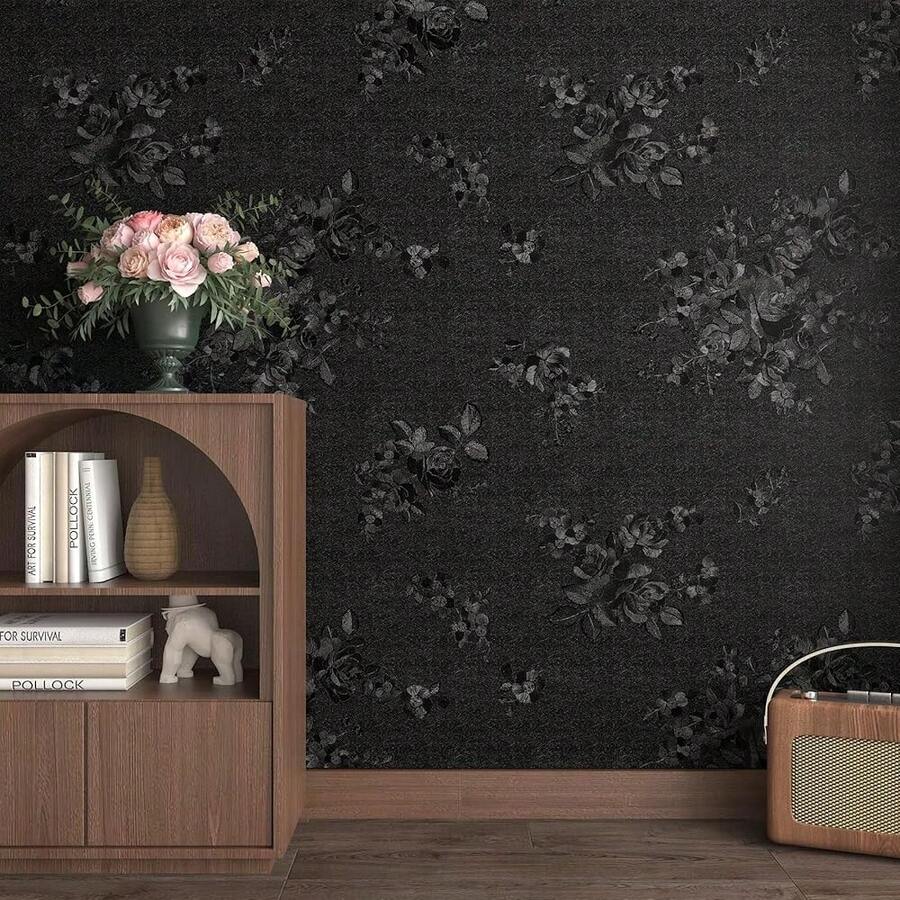 Black Embossed Wallpaper Peel And Stick Black Textured Wallpaper For Bedroom 17.7x120 Inch Embossed Vinyl Removable Dark Contact Paper For Cabinets And Drawers Textured Wall Paper Floral - 17.7英寸 x 120英寸 - 查看 1