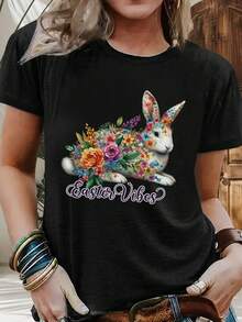 Camiseta De Manga Corta Para Mujer Con Estampado De Huevos De Pascua Y Pollitos - Blusa Casual De Cuello Redondo Para Primavera Verano Para Atuendo Casual, Top De Manga Corta Lavable A Máquina - En Stock (corte Regular) 670223 - [Negro] - Ver 3