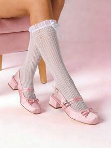 Women's Ballet Heels Elegant Square Toe Bow Satin Mary Janes Ballerina Chunky Heel Party Buckle Strap Sweet Cute Wedding Shoes For Women Valentine's Day Gift - Hồng - Xem 6