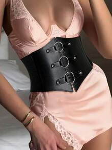 1pc Women's Black Fashion PU Leather Triple-Ring Elastic Waist Belt, Versatile Waist Cincher Suitable For Commute, Holidays, Parties Or Daily Wear - Black - View 1