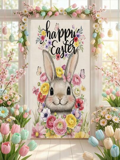 1件可爱兔子门挂横幅，饰有花卉和彩蛋图案，复活节室内/室外家居装饰，适用于客厅、前门、庭院、花园大门、节日装饰、生日、复活节礼物、派对用品、复活节派对用品、复活节礼物