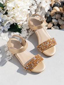 Sandalias de tacón de bloque con brillo y strass para niñas - Champán - Ver 4