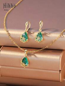 Hihho 3pcs/Set Stainless Steel Waterdrop Necklace For Women With Rhinestone Pendant,Waterdrop Design Stud Earrings - Yellow Gold - View 9