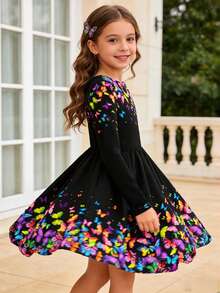 Black Butterfly Girl Long Sleeve Dress, Floral Round Neck Casual Dress & Party, Outdoor Fashion Dress - Black - View 5