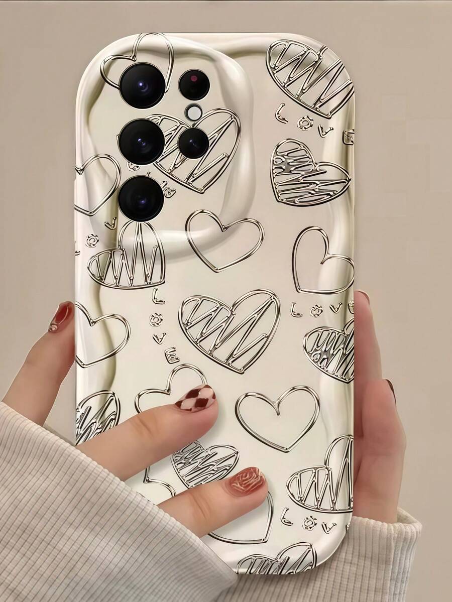 1pc Creative Electroplated Silver Heart Wavy Shaped Screen Edge Protective Phone Case Compatible With Samsung A14/A15/A16/A17/A04/A05/A06/A07/A54/A55/A56/A57/A34/A35A/36/A37/S26/S26Plus/S26Ultra, Transsion SMART7/8/9/10, Honor 400/400Pro/200/200Pro/X7C/X8C/X9C, 10C/13C - Creamy White - View 1