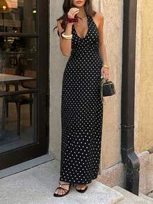 Đầm nữ mùa hè cổ thấp, buộc dây, lưng hở, khóa kéo, chất liệu chấm bi, gợi cảm và thanh lịch, thích hợp cho hẹn hò, du lịch, tiệc tùng, ăn tối, ngày Valentine, sinh nhật và các dịp lễ khác. - màu đen - Xem 4