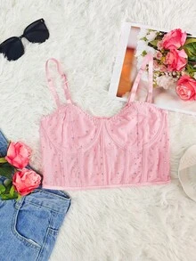 Black Rhinestone Thin Straps Bustier Top - 1 Piece Mesh Panel Cropped Waist Cinching Bust Enhancing Sexy Fashionable Date Party - وردي - مشاهدة 3