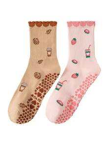 2 Pairs Women's Cartoon Pattern Sports Yoga Socks With Silicone Grip Bottoms, Indoor Workout, Dance, Yoga, Pilates Exercise Socks - Multicolor - View 8
