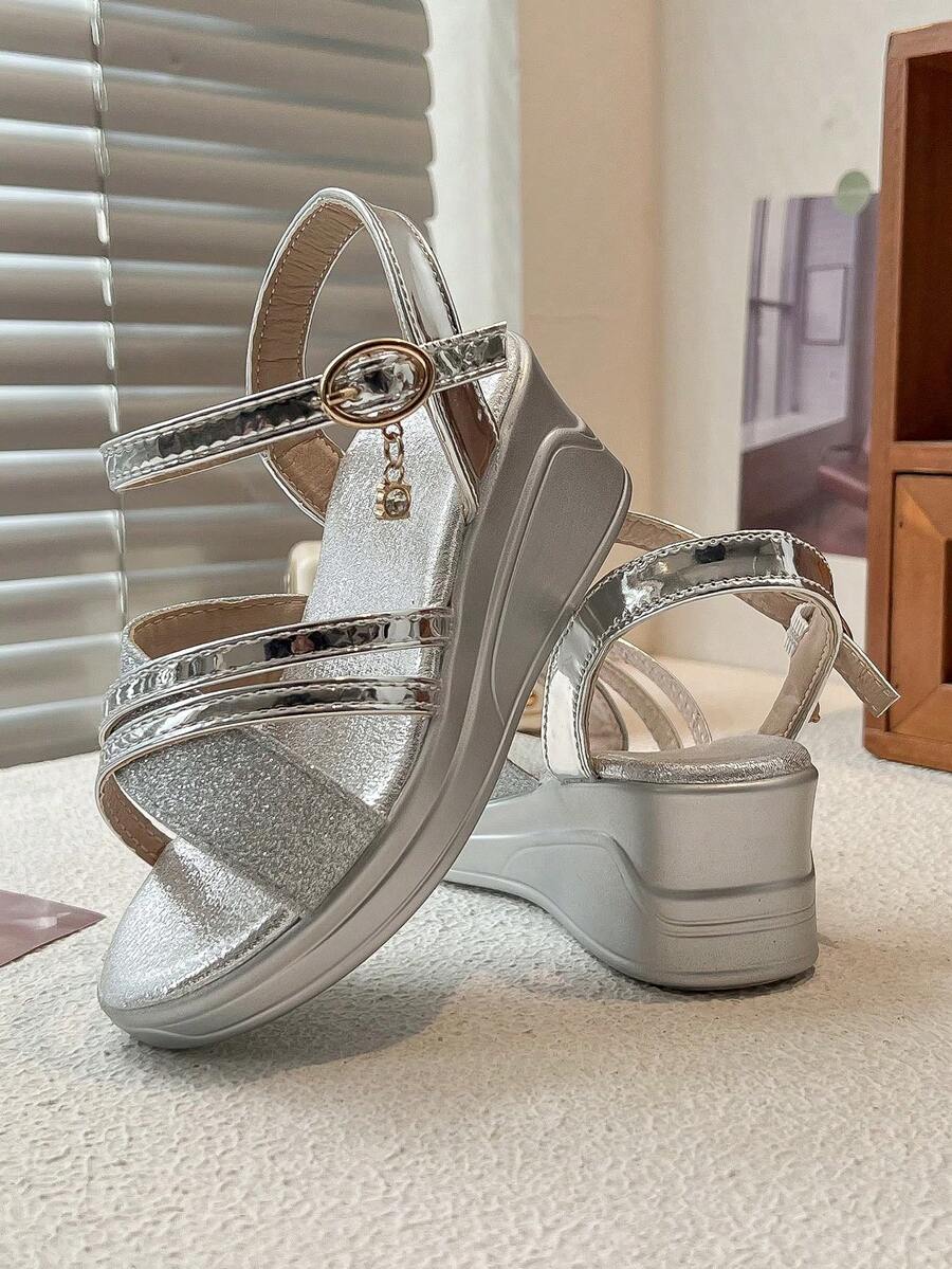 1 Pair Girls' Silver Shiny Rhinestone Buckle Cross-Strap Open Toe Thick Platform Wedge Sandals, Suitable For Commuting In Summer - Silver - View 1