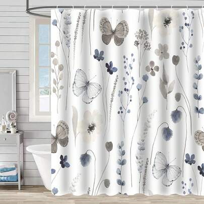1pc Gray Butterfly Pattern Shower Curtain, Watercolor Blue Flower And Eucalyptus Leaf Shower Curtain, Suitable For Bathtub Divider, Bathroom Decor, Bathroom Accessories