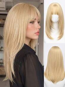 20 Inch Blonde Straight Wig For Women - With Bangs, Premium Synthetic, Adjustable Cap | Daily/Party Styling - Gold - View 10