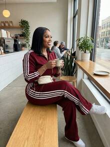 Women's 2 Piece Tracksuit Set,Zipper Jacket With Stripe Detail And Wide Leg Pants,Bodycon Party Clubwear Outfit,Jacket And Pants Sports Pants Set - 酒紅色 - 查看 5