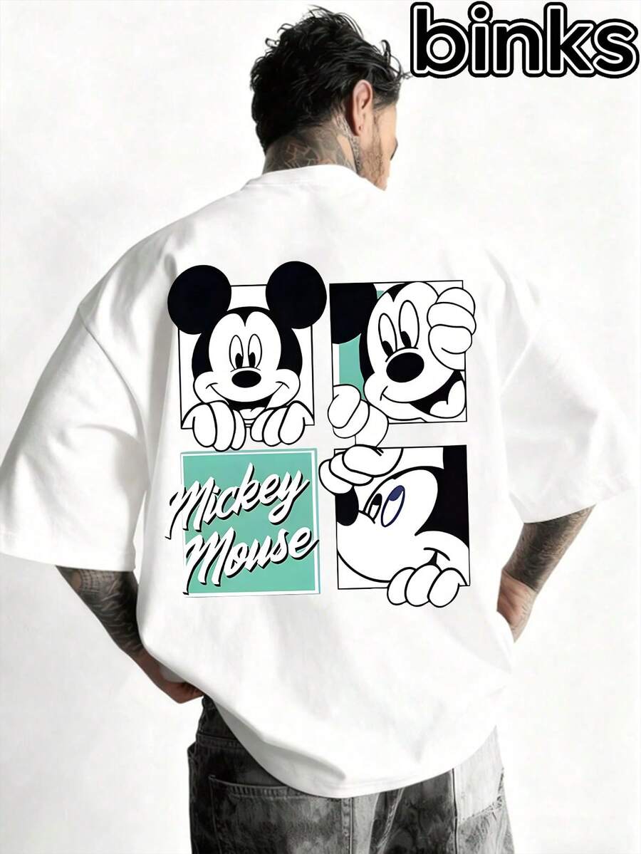 Disney Four Panel Cartoon Mickey Mouse Pattern Print, Cartoon Elements Fashionable Loose Short Sleeved Street Style T-Shirt, Spring And Summer Fashionable Versatile Top - trắng - Xem 1