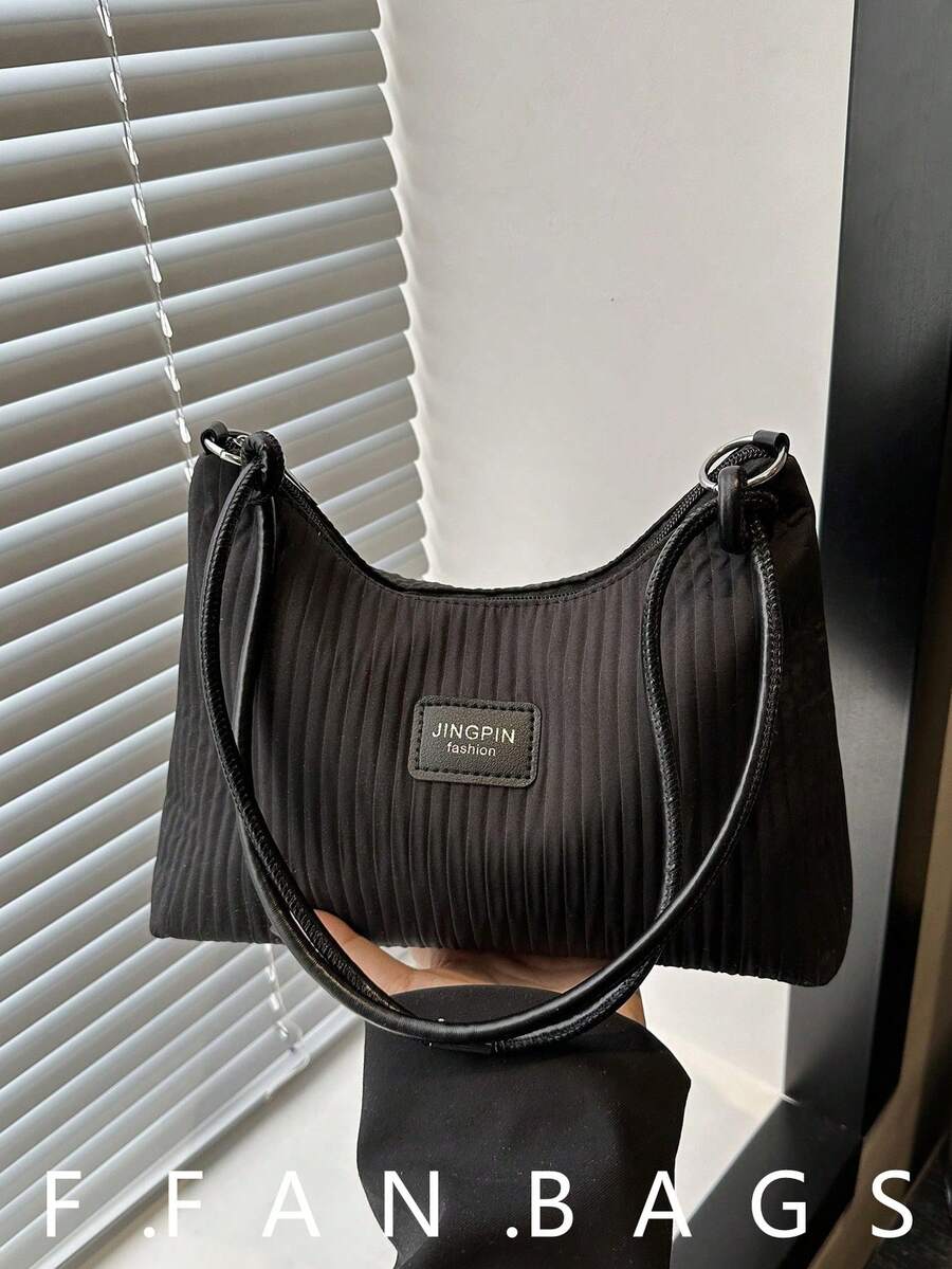 2025 New Casual Large Capacity Crease Striped Fresh Commuting Solid Color Shoulder Underarm Handbag - Black - View 1