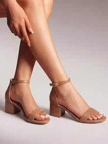 Women Chunky Low Heel Summer Sandals, Elegant Open Toe Ankle Strap Low Heeled Sandals For Causal And Wedding Party Wearing - Màu khỏa thân - Xem 2