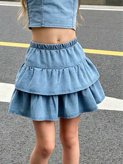 1 chiếc váy denim xếp ly dáng casual cho bé gái, eo chun, đa năng và thời trang, thích hợp cho mùa hè.