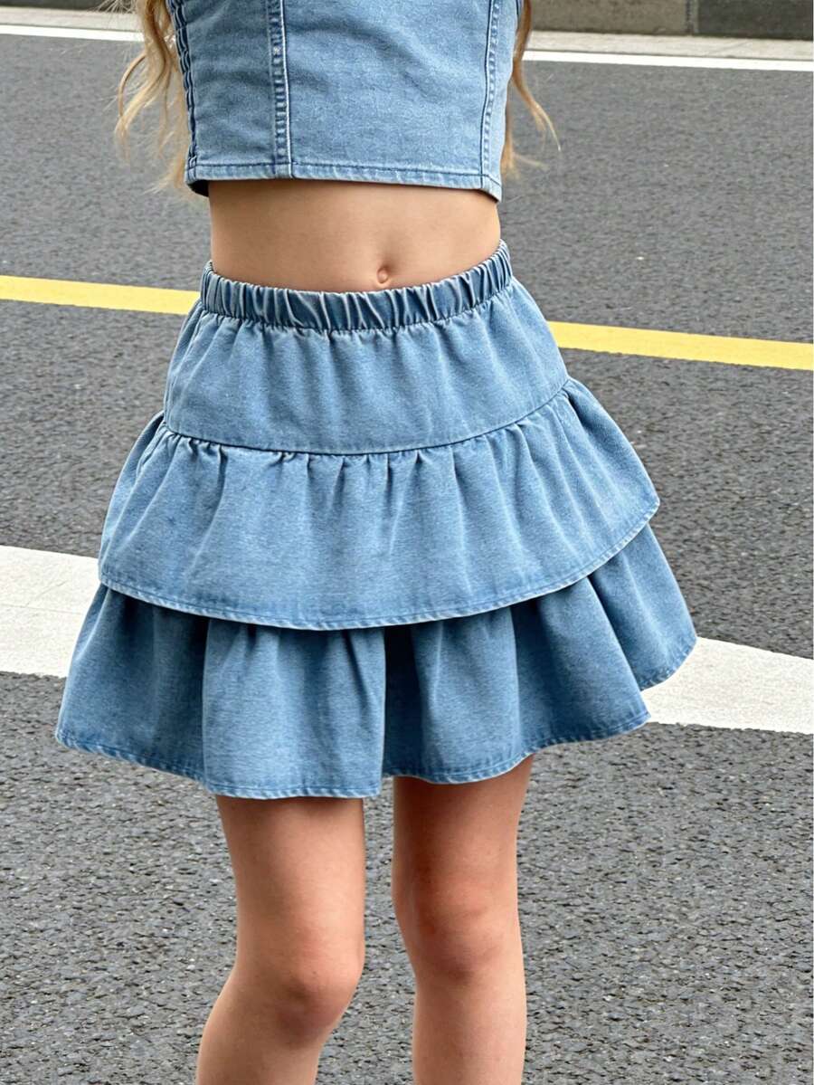 1pc Girls Casual Pleated Denim Skirt, Elastic Waist, Versatile & Fashionable, Summer - Medium Wash - View 1