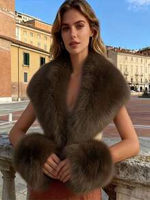 3pcs Faux Fur Collar & Cuff Set, 1pc Autumn/Winter Jacket With Faux Grass Striped Cuffs, 2pcs Fashion Cuff Combo - Multicolor - View 7