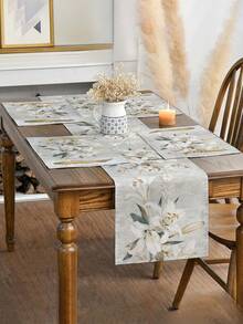 1pc Spring White Floral Print Table Runner - Polyester Woven Rectangular Dust-Proof And Wipeable Tablecloth For Home Party Decor, Aesthetic Room Decoration, Lily Design - Multicolor - View 3