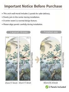 180x90 复古经典风景热带森林鸟景经典森林田园拱形壁画，波西米亚风格室内墙面艺术防水墙画，适用于客厅 - 彩色 - 查看 14