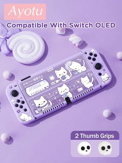 Ayotu Purple Cat Themed Switch Protective Case, Suitable For New Switch 2 (2025)/Switch NS/Switch OLED, Can Be Used On Docking Station Without Removing, Universal Game Controller Protective Cover, Includes 2 Joystick Caps, Switch Gaming Accessories, Anti-Fall And Scratch, Spring Romance/Back To School/Valentine's Day Gift