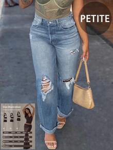 Retro Distressed Straight Leg Loose Wide Leg Jeans For Petite Women, Casual Street Style, All Season - Light Wash - View 1