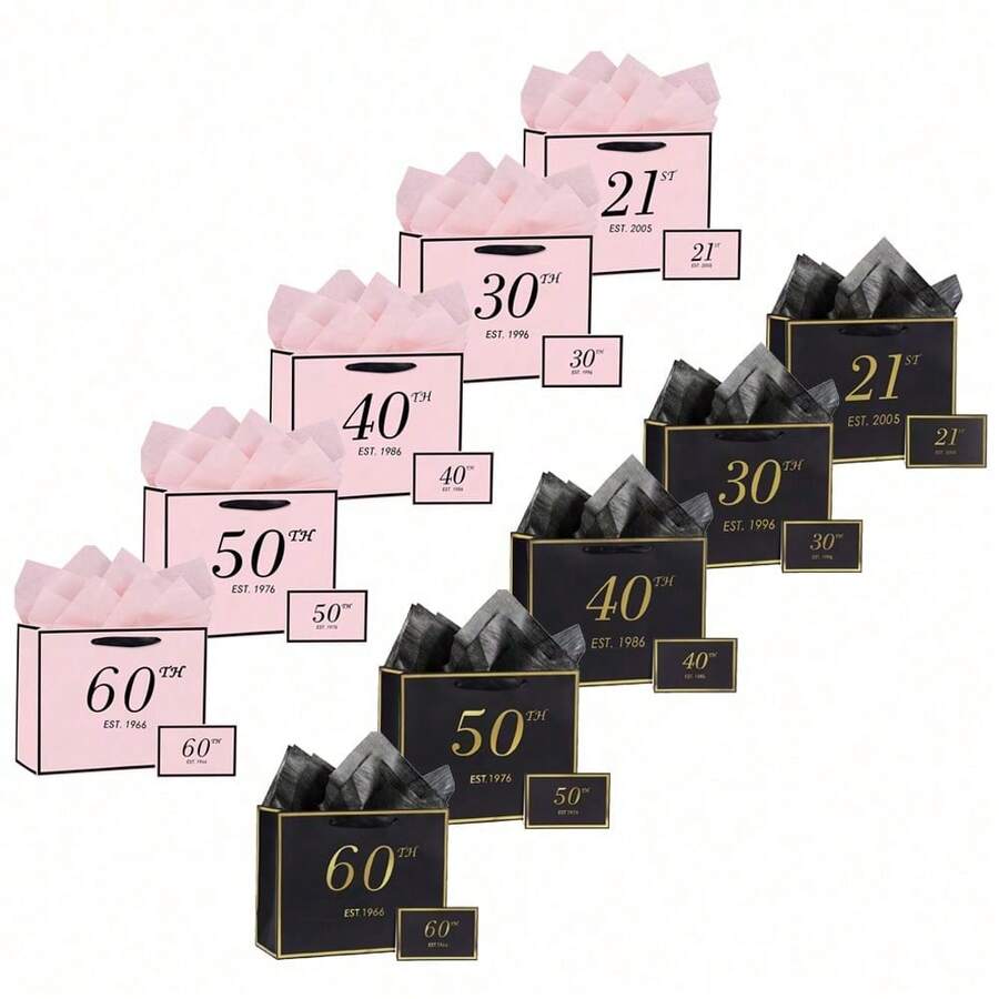 1組/2組/5組生日禮物袋,適用於21/30/40/50/60歲,附賀卡與薄棉紙,男女皆適用,適用於21/30/40/50/60歲(2005/1996/1986/1976/1986),高級黑金週年慶禮物購物紙袋,適用於禮物包裝(黑色/粉色) - 查看 1