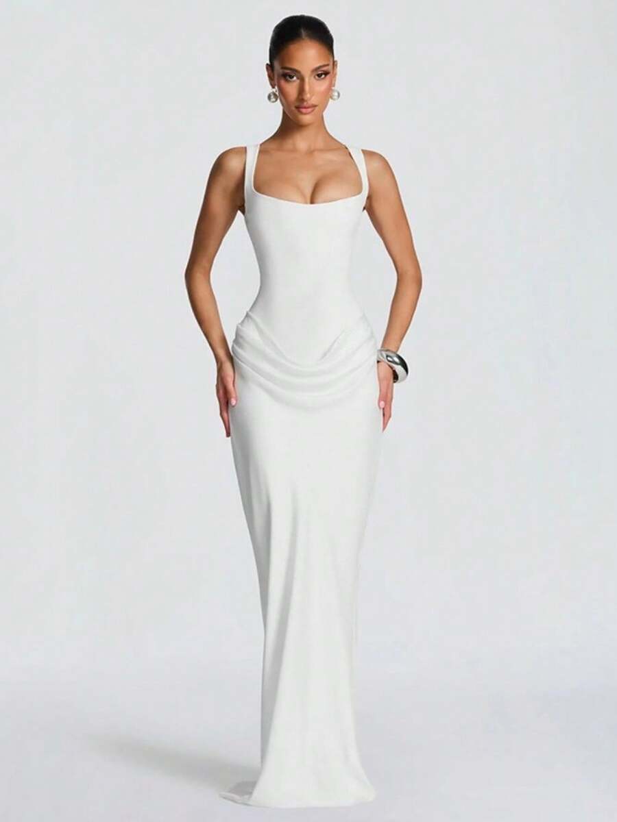 Women's Fall Winter Solid Color Elegant Square Neck Sleeveless Slim Maxi Dress - White - View 1