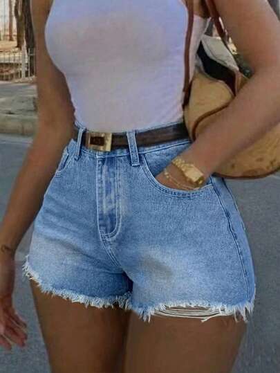女士休闲牛仔短裤，直筒无弹力拉链款，可爱派对短牛仔裤