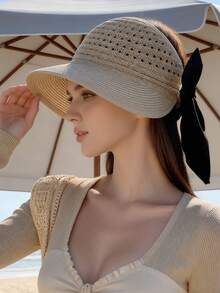 1pc Women's Solid Color Bow Tie Bucket Hat, Wide Brim Sun Hat, Suitable For Spring And Summer Daily Use - A - View 9