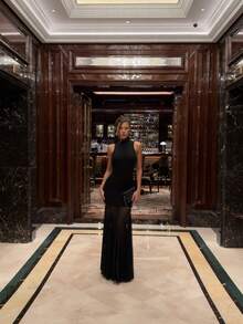 Solid Color Elegant Knit Fabric Sheer Dress For Everyday Wear Wedding Party - Black - View 5