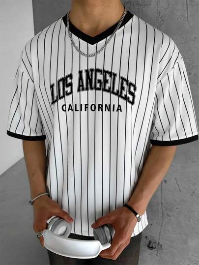 Zrgoth 男士休闲百搭撞色条纹英伦元素印花V领短袖T恤