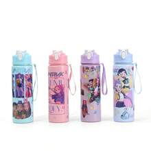 1pc 700ml KPOP Witch Hunting Girl Group Straw Cup, Cute Cartoon Design With Rope, Large Capacity Plastic Water Bottle - Multicolor - View 9